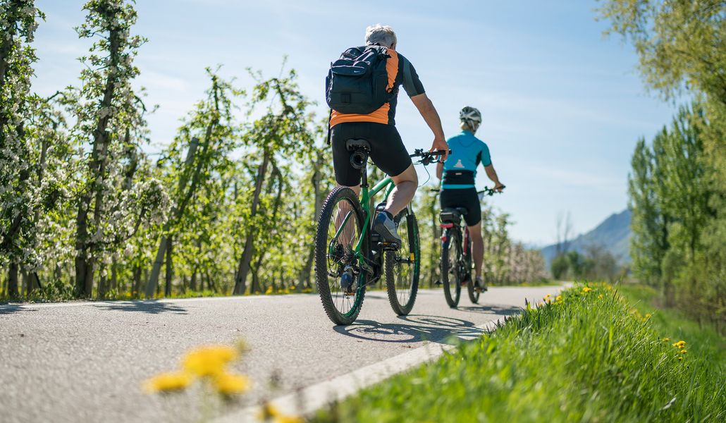Ciclisti che pedalano su una pista ciclabile panoramica a Riffiano vicino a Merano, Alto Adige